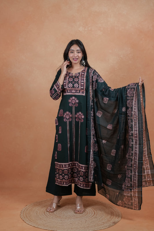 Dark Green Printed Unstitched Salwar Suit Set