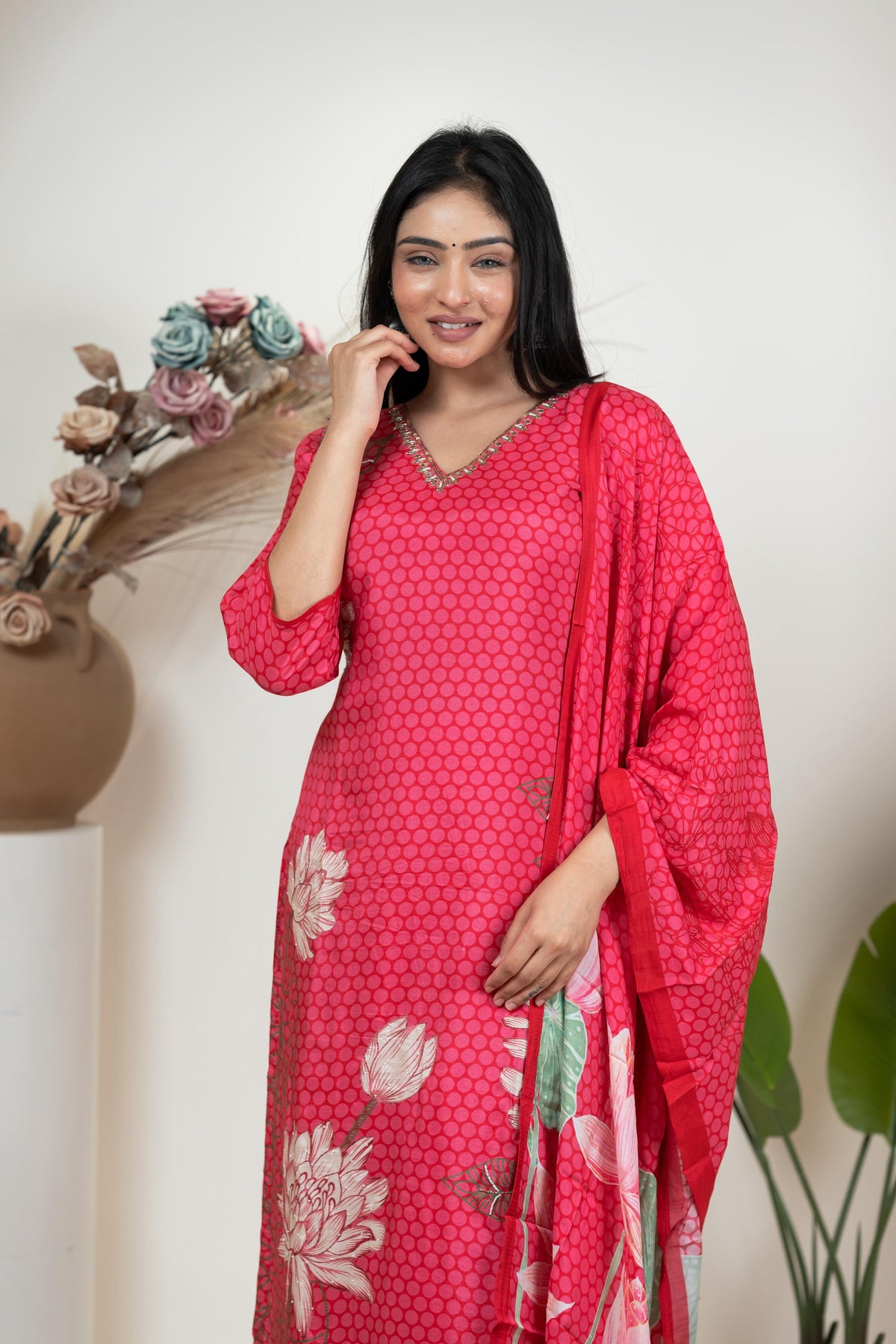 Pink Floral & Geometric Print Salwar Suit Set with Dupatta