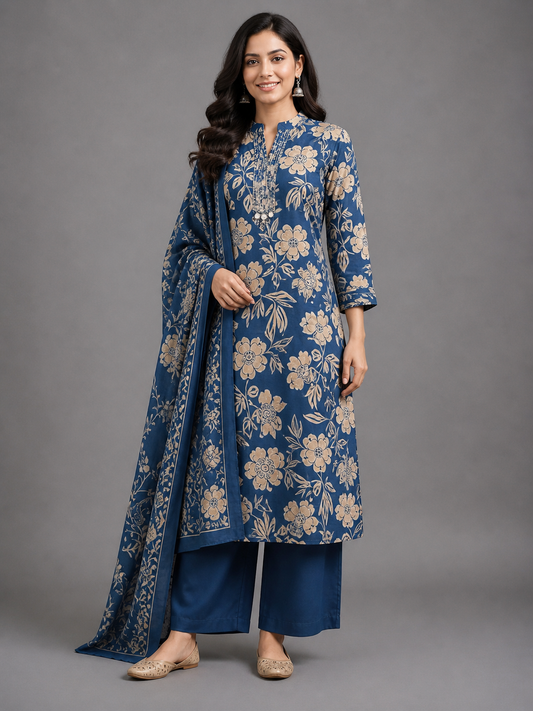 Blue Floral Print Salwar Suit Set with Dupatta