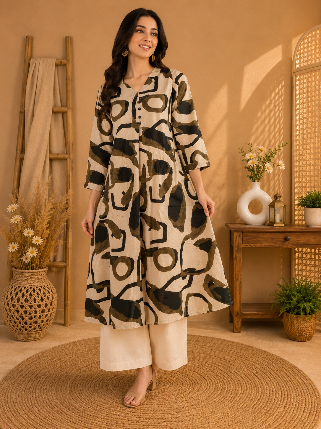 Botanical Print Flared Kurta with Palazzos