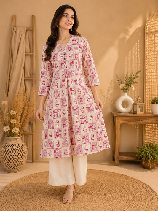 Maroon Box-Print Flared Kurta with Palazzos