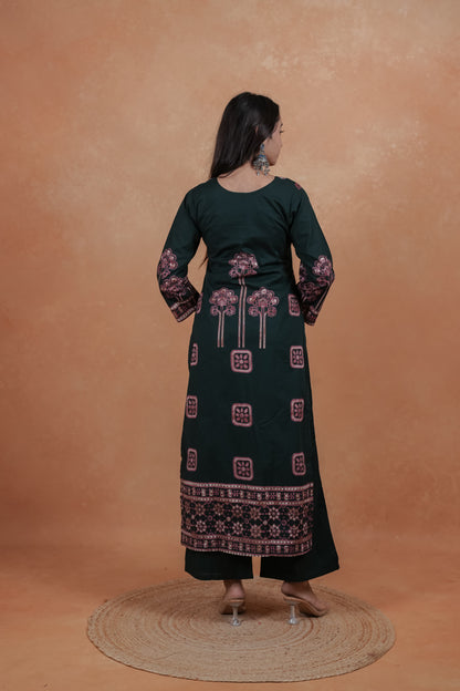Dark Green Printed Unstitched Salwar Suit Set