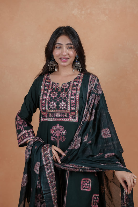 Dark Green Printed Unstitched Salwar Suit Set
