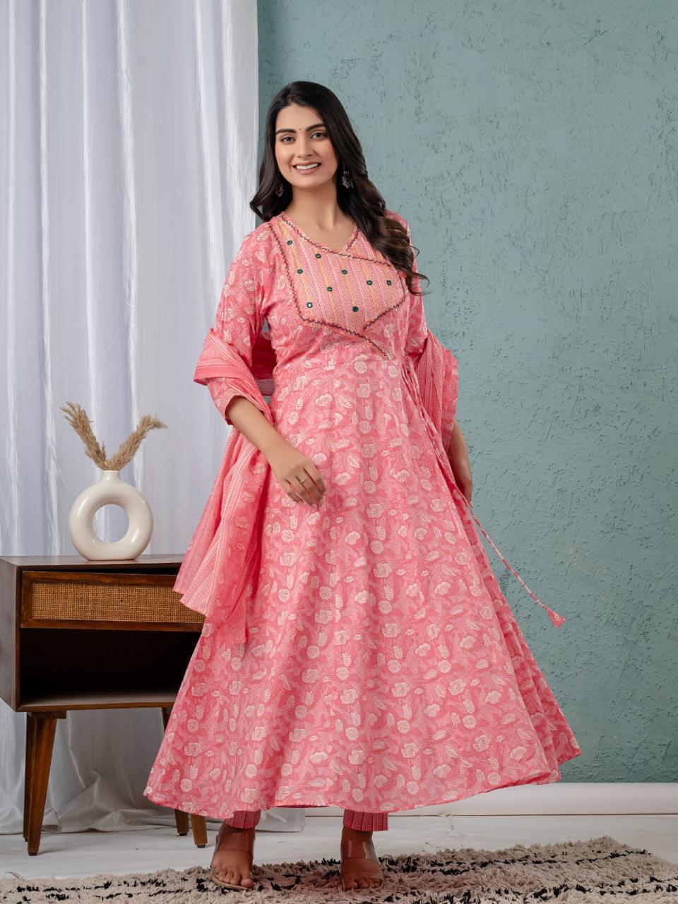 Floral Print Angrakha Kurta Set