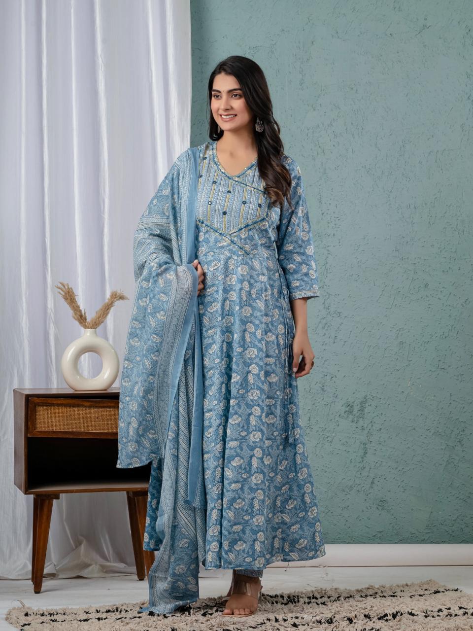 Floral Print Angrakha Kurta Set