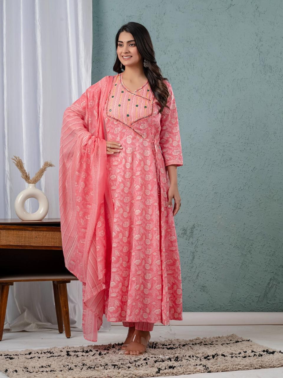Floral Print Angrakha Kurta Set