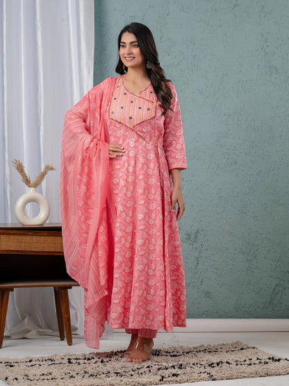 Floral Print Angrakha Kurta Set