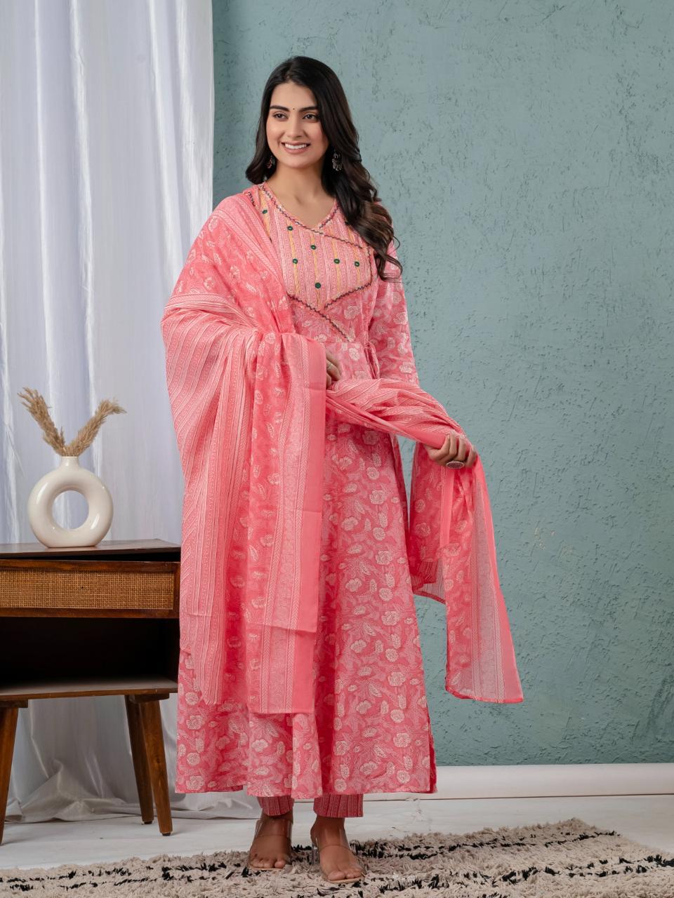 Floral Print Angrakha Kurta Set