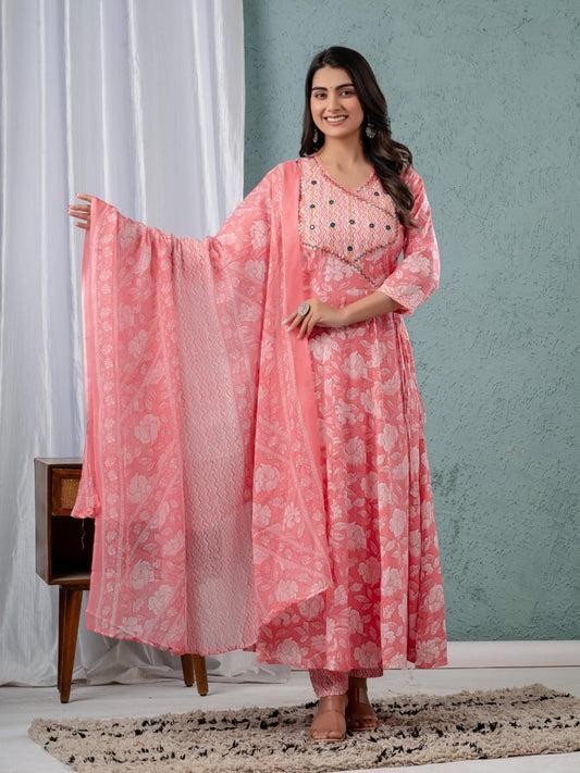 Floral Print Angrakha Kurta Set