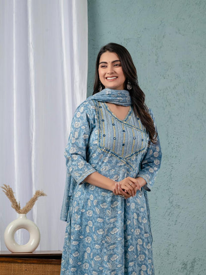 Floral Print Angrakha Kurta Set