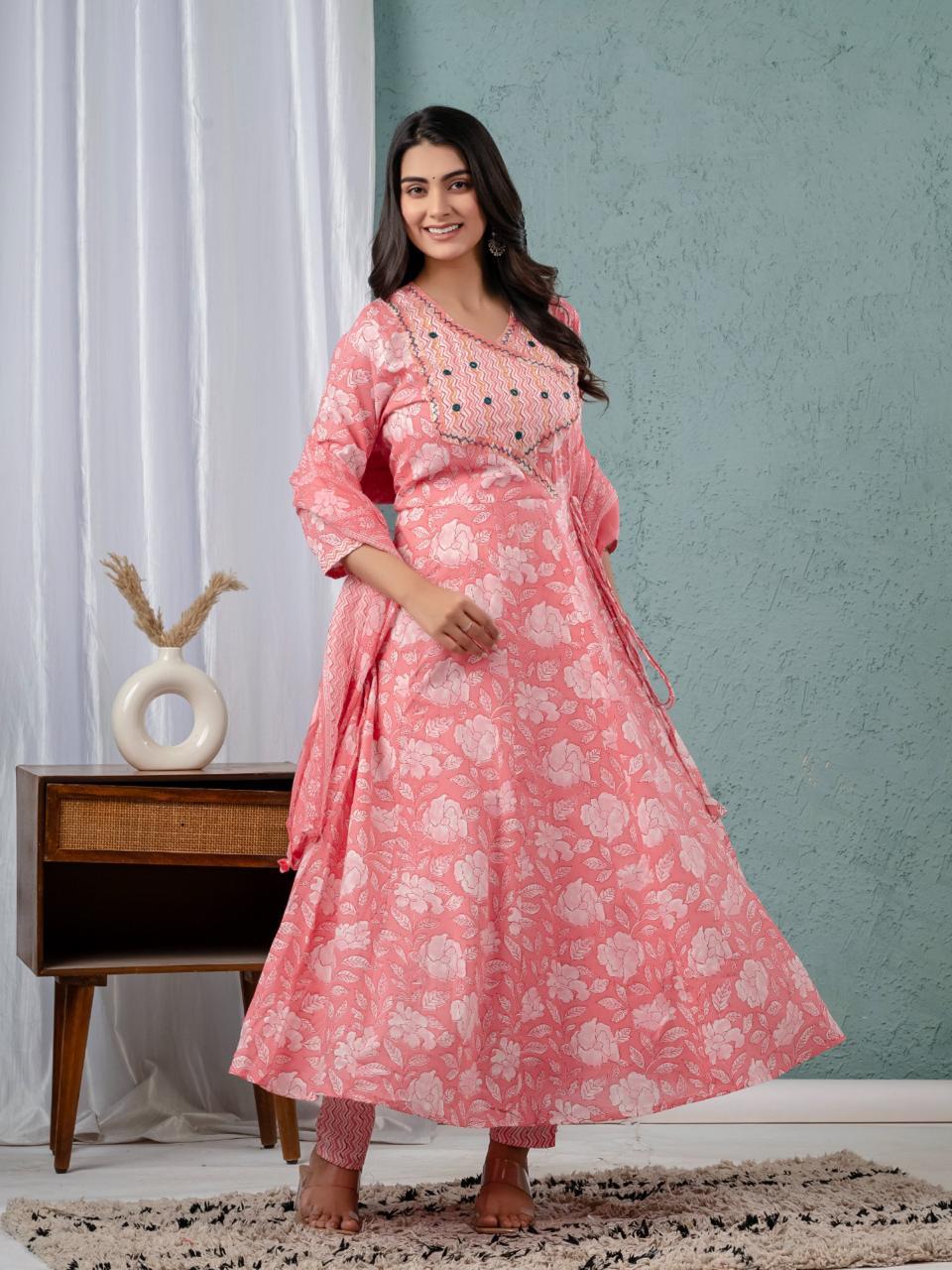 Floral Print Angrakha Kurta Set