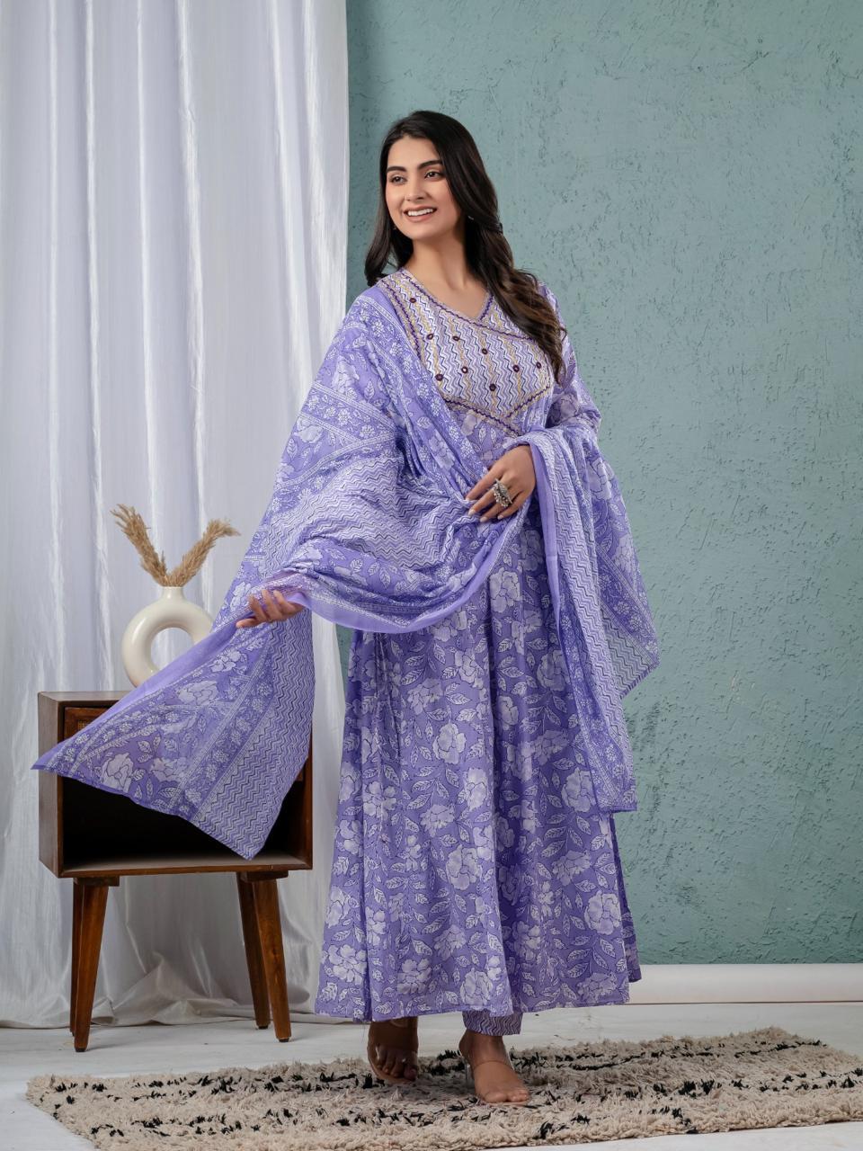 Floral Print Angrakha Kurta Set