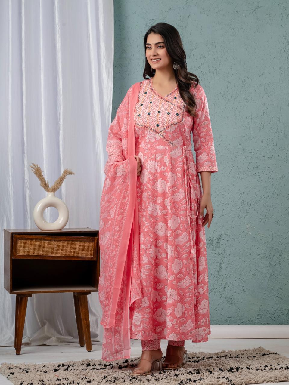 Floral Print Angrakha Kurta Set