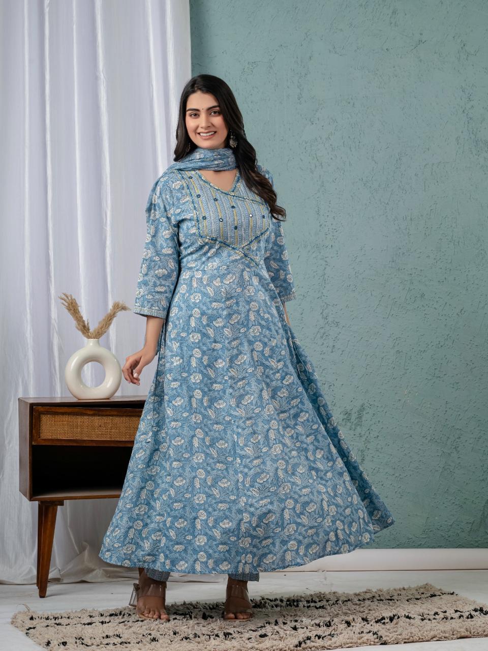 Floral Print Angrakha Kurta Set