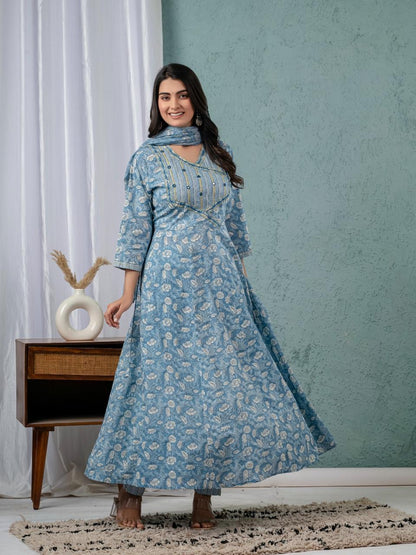 Floral Print Angrakha Kurta Set