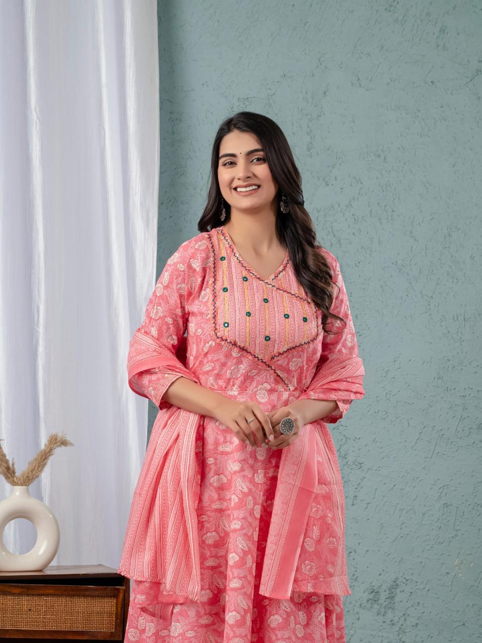 Floral Print Angrakha Kurta Set