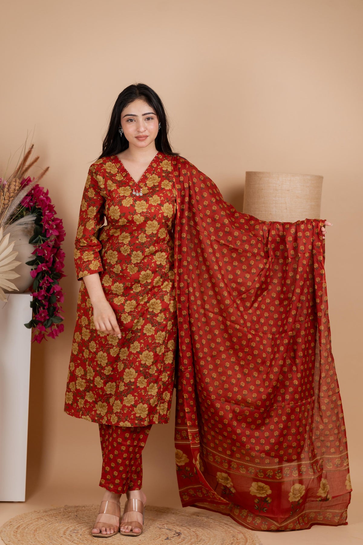 Maroon Floral Print Salwar Suit Set with Dupatta