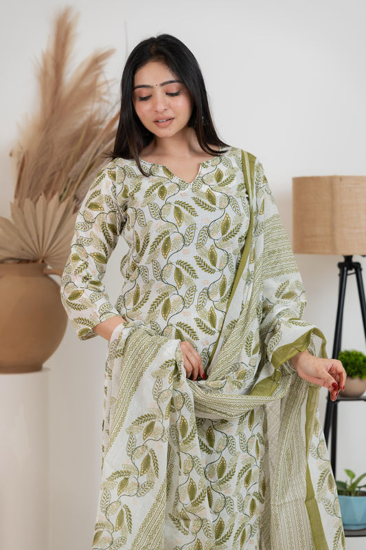 Olive Green Leaf Print Salwar Suit Set with Dupatta