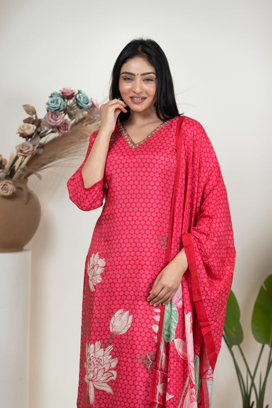 Pink Floral & Geometric Print Salwar Suit Set with Dupatta