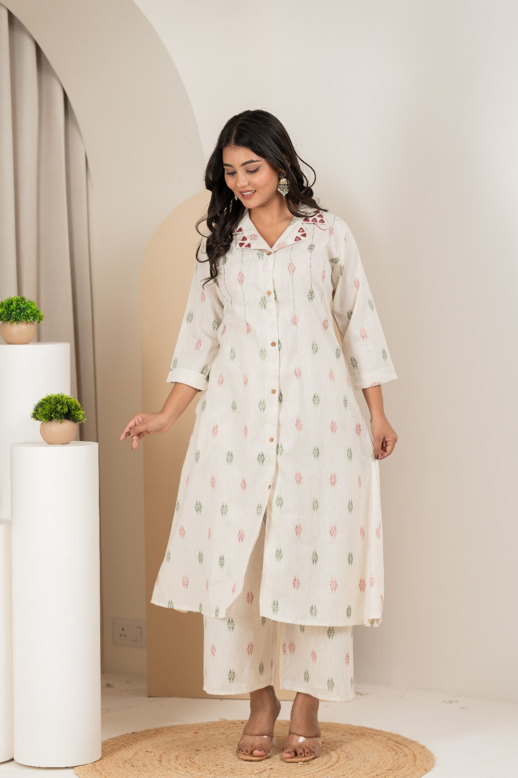 Off-White Ikat Print Collared Kurta with Palazzos