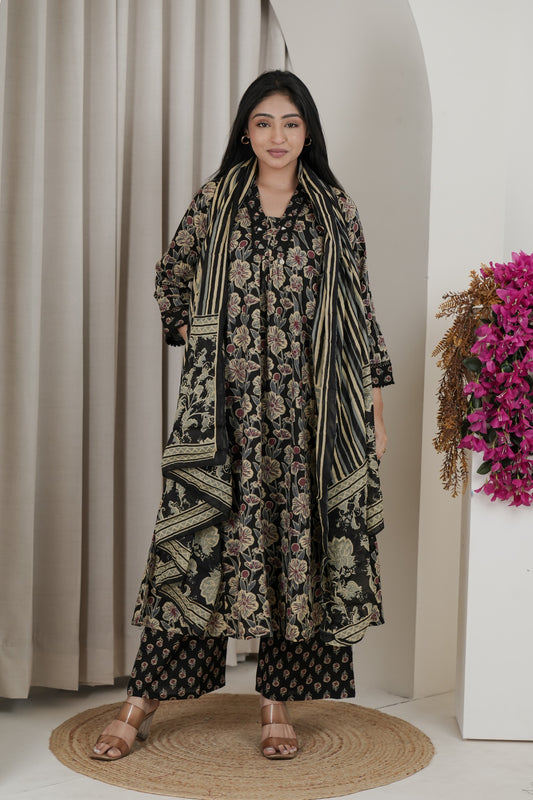 Black Floral Print Flared Kurta Set with Dupatta