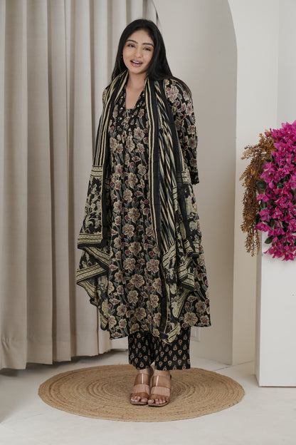 Black Floral Print Flared Kurta Set with Dupatta