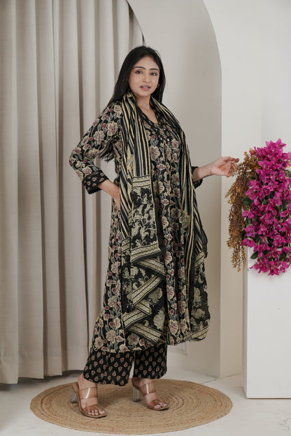 Black Floral Print Flared Kurta Set with Dupatta