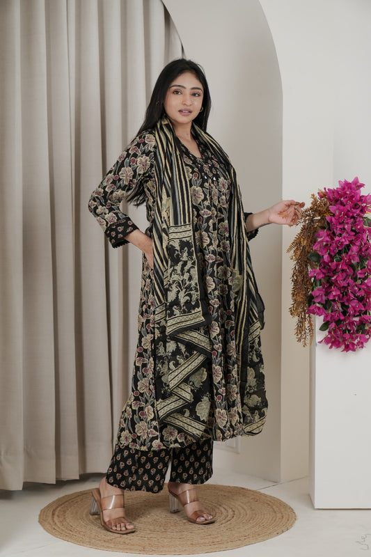 Black Floral Print Flared Kurta Set with Dupatta