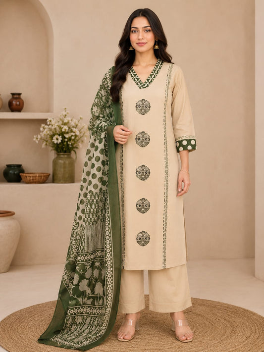 Women’s Beige & Olive Green Printed Kurta Palazzo Set with Dupatta