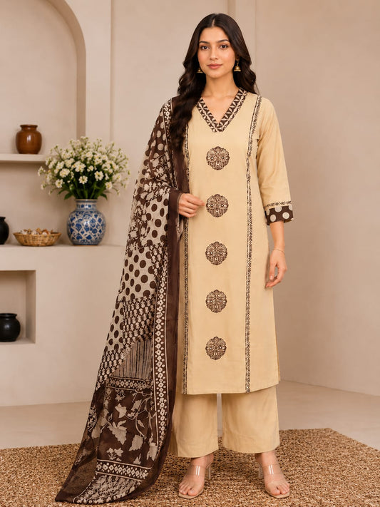 Women’s Beige & Olive Green Printed Kurta Palazzo Set with Dupatta