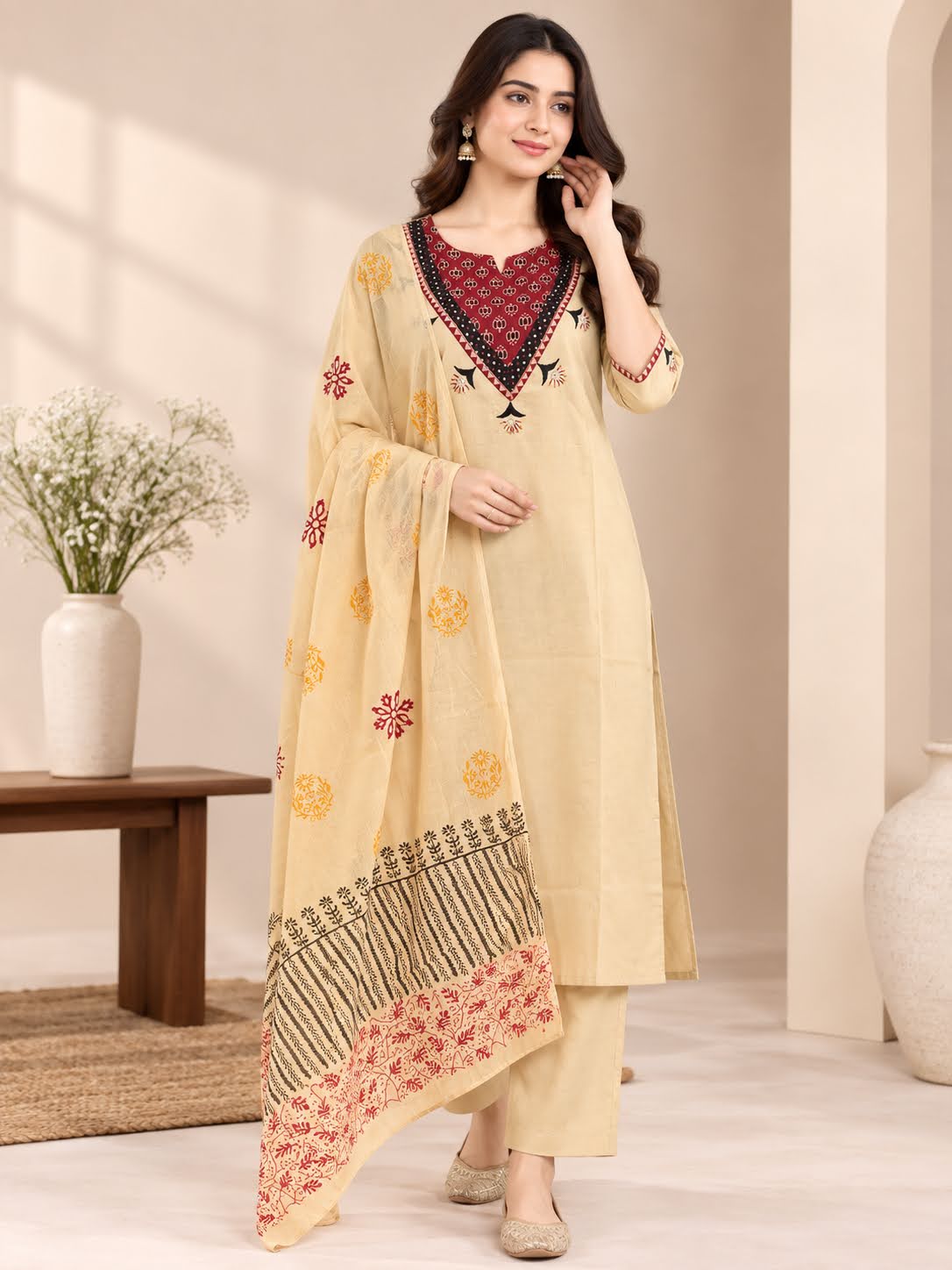Regal Banarasi Print & Embroidered Kurta Set with Dupatta