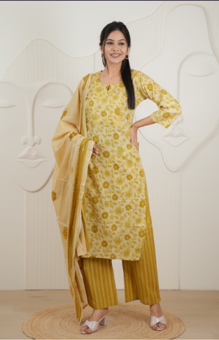 Mustard Floral Print Salwar Suit Set with Dupatta