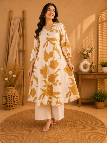 Botanical Print Flared Kurta with Palazzos
