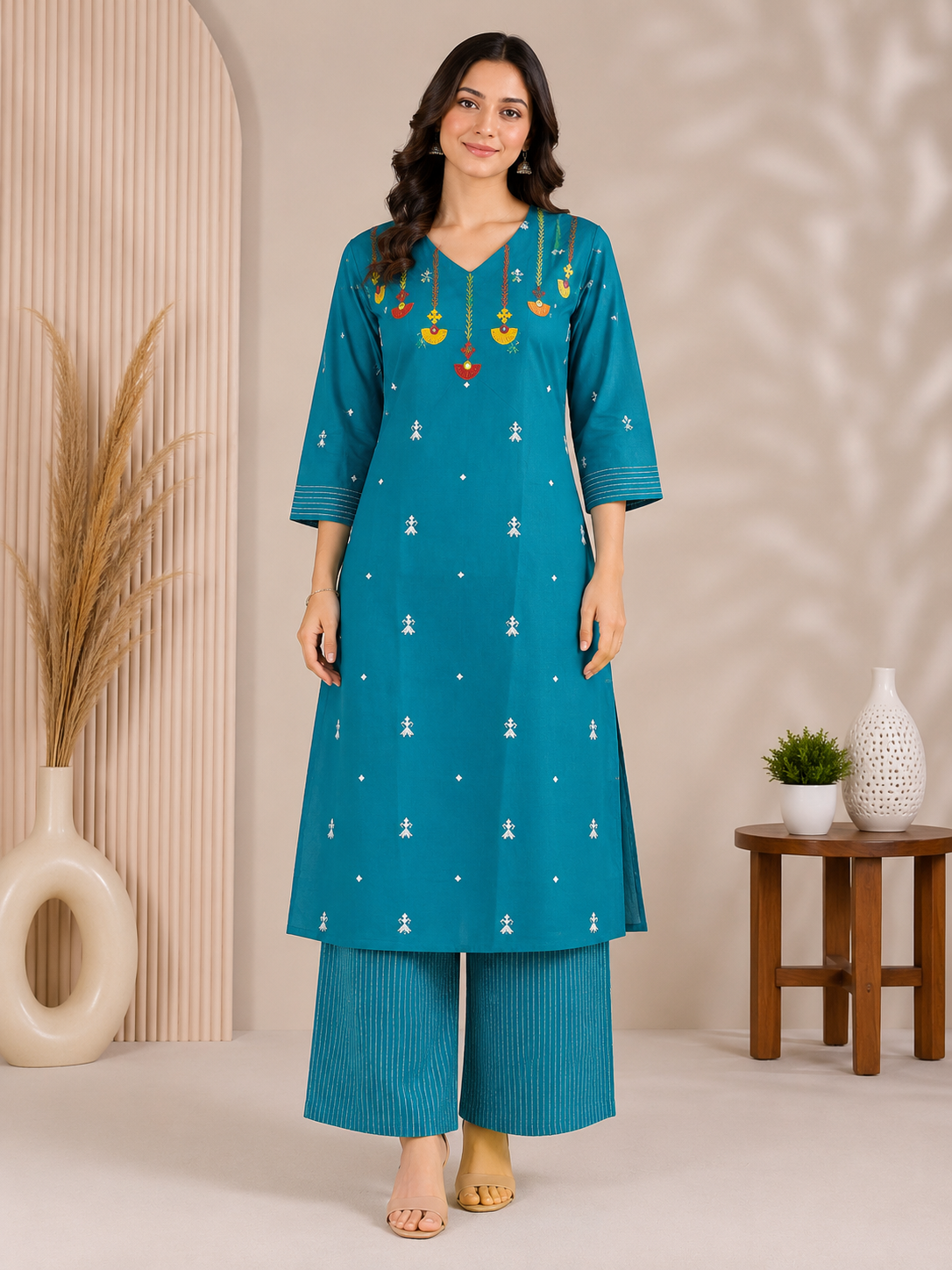 Ethnic Motif Printed Straight Kurta with Palazzos